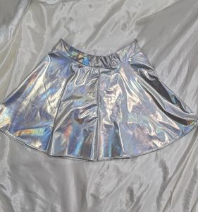 Holographic Metallic Silver Iridescent PU Leather Mini Skater Skirt Size M